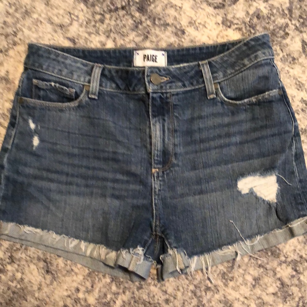 PAIGE Distressed Denim Cutoff Shorts – Size 28, Raw Hem, Blue Wash